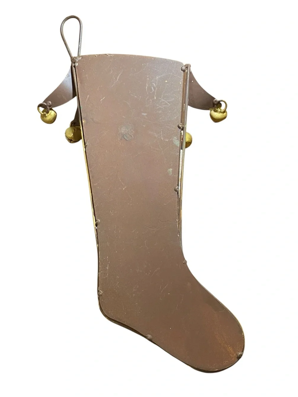 Festive Metal Red & Cream Checker Holiday Stocking with Bells Wall Decor 12”
